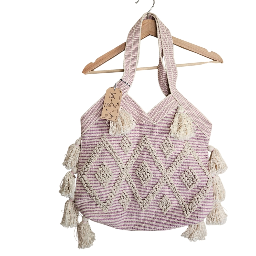 Twig & Arrow Woven Tassel Shoulder Bag Boheiman Anthro Pink Cream Statement Bag